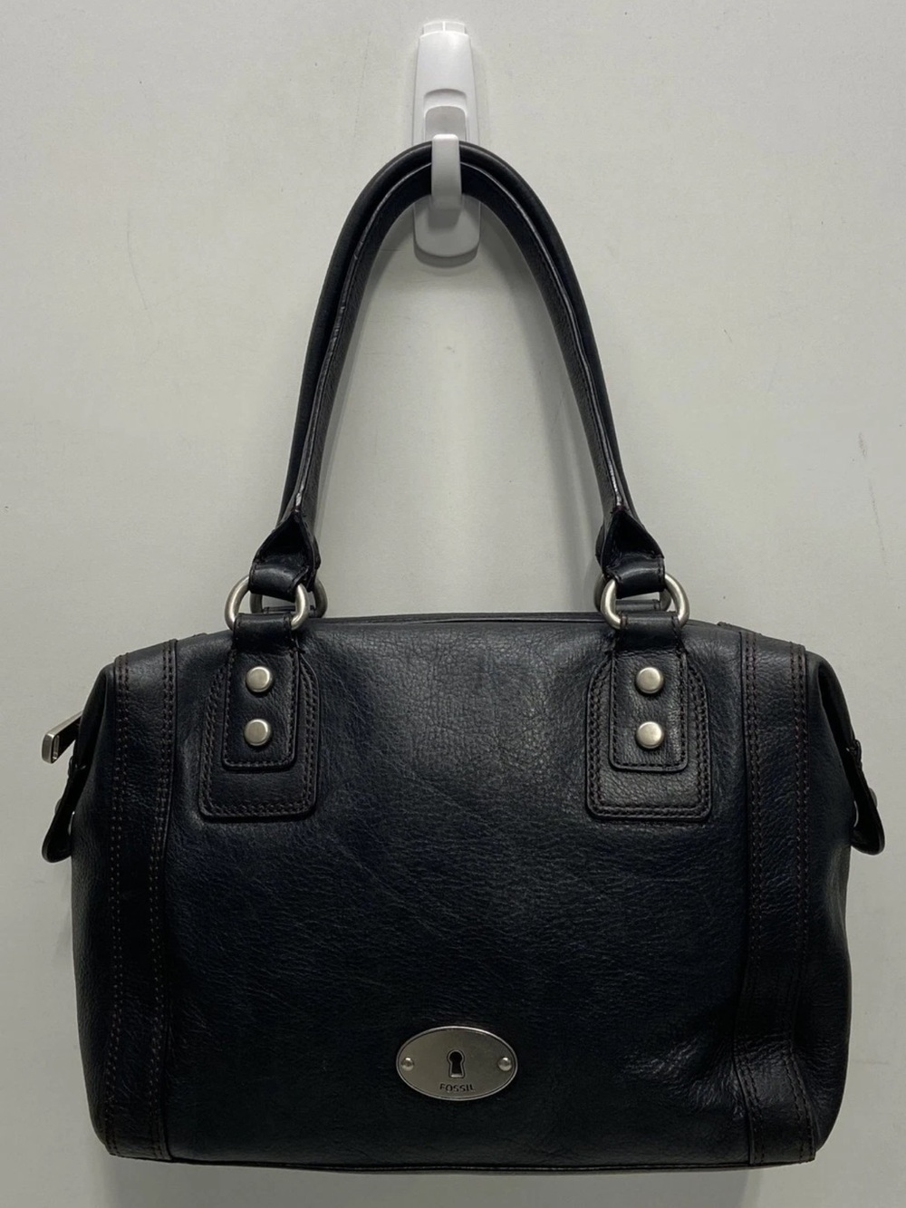 Fossil Black Leather Satchel Handbag Silver Hardware Keyhole Detail